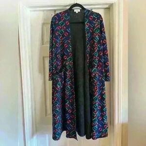 LuLaRoe Duster Long Cardigan Size Small Open Front Colorful Geometric Chore